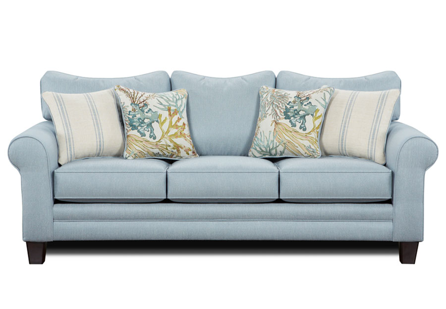 Fusion Labyrinth Sky Sofa with Coral Reef Caribbean and Wakefield Chambry Accent Pillows