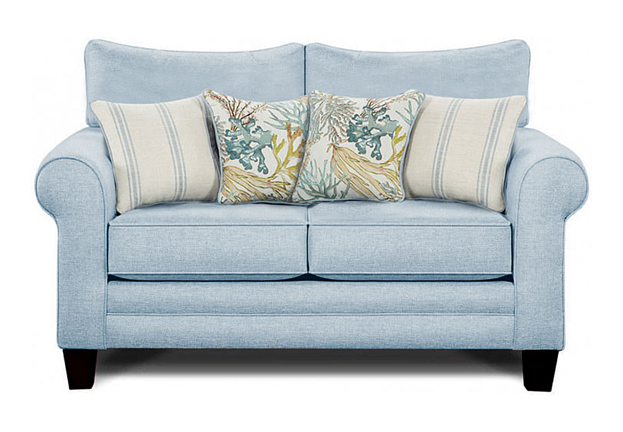 Fusion Labyrinth Sky Loveseat with Coral Reef Caribbean and Wakefield Chambry Accent Pillows