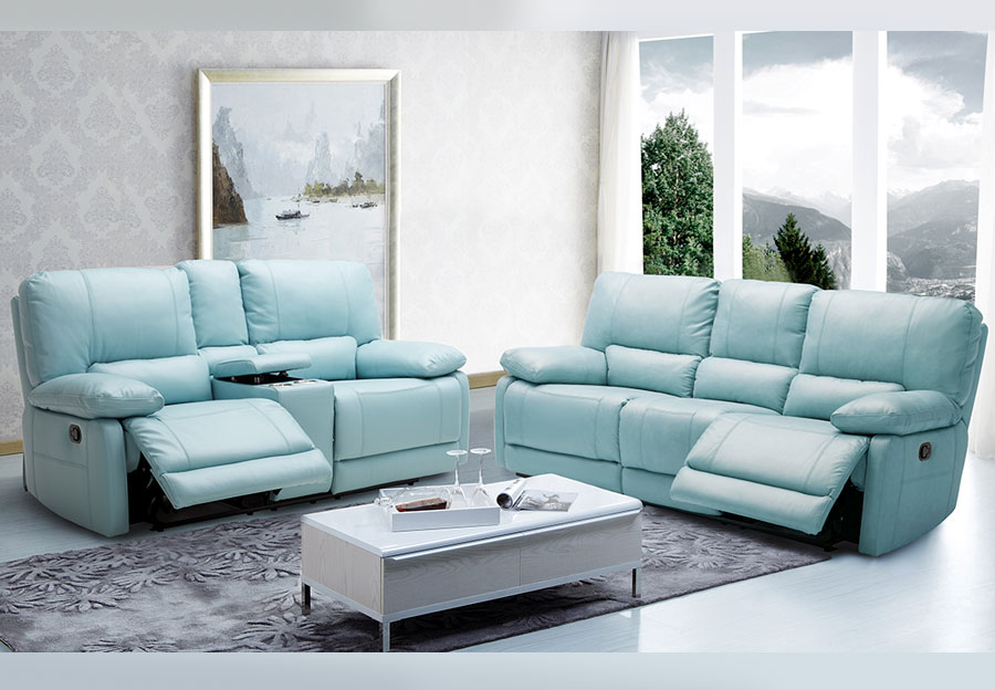 Kuka Maui Light Blue Leather Match Dual Power Reclining Sofa and Reclining Console Loveseat
