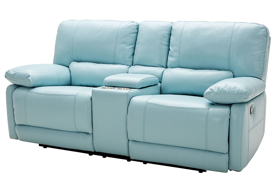 Kuka Maui Light Blue Leather Match Power Reclining Sofa and Reclining Console Loveseat