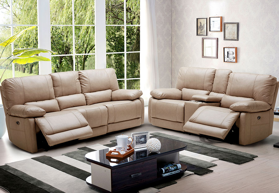 A Maui Sand Leather Match Power, Leather Reclining Console Sofa