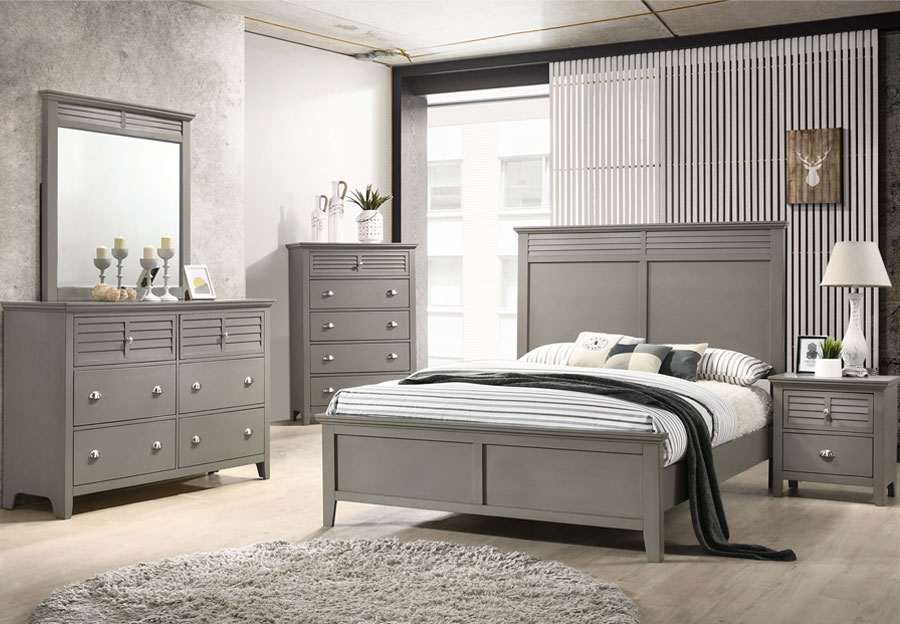 Lifestyle Shutter Grey Queen Bed, Dresser, and Mirror