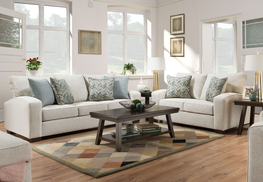 Lane Endurance Grain Sofa and Loveseat with Challenge Seaglass and Montero Spa Accent Pillows