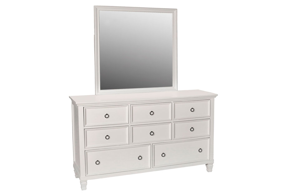 New Classic Tamarack White Queen Bed, Dresser, and Mirror