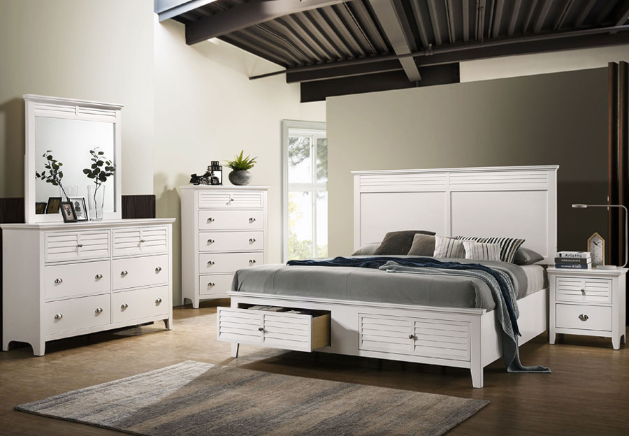 Lifestyle Shutter White Queen Storage Bed, Dresser, and Mirror