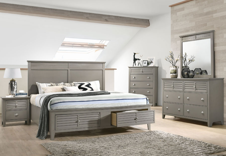 Lifestyle Shutter Grey King Storage Bed, Dresser, and Mirror