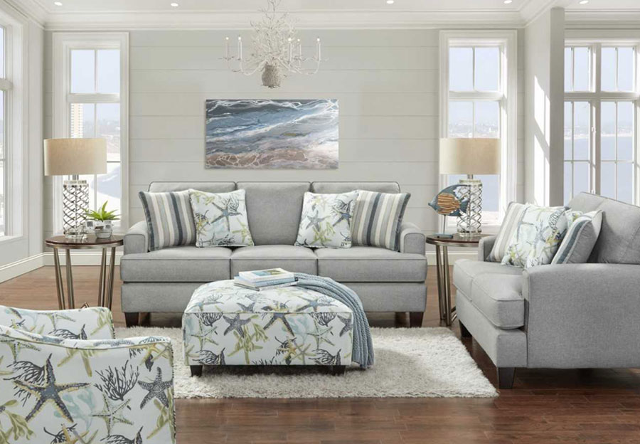 Fusion Jitterbug Flax Sofa and Loveseat with Savannah Ocean and Reinvented Nautica Accent Pillows