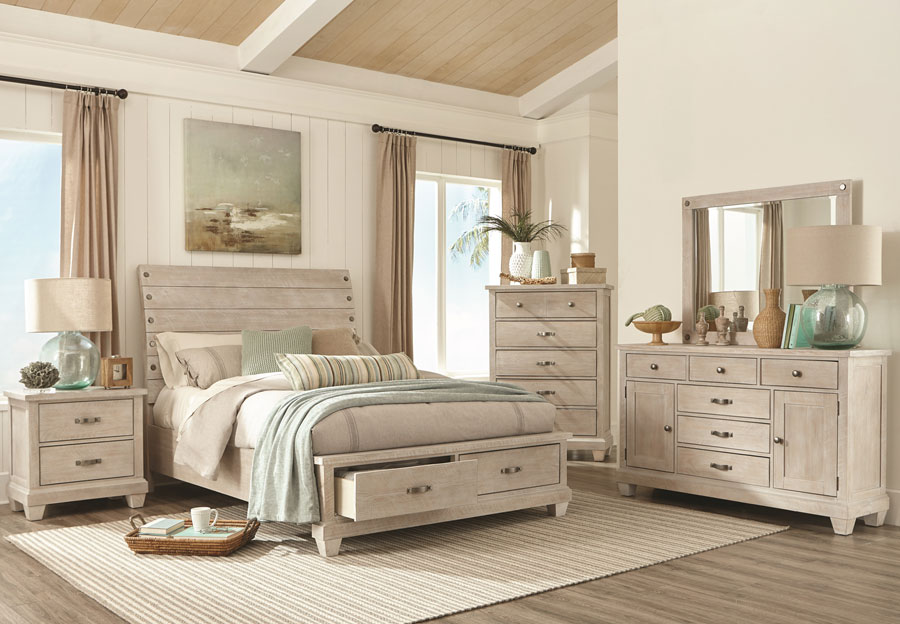 Lifestyle Crestview White Wash Queen Storage Bed, Dresser and Mirror