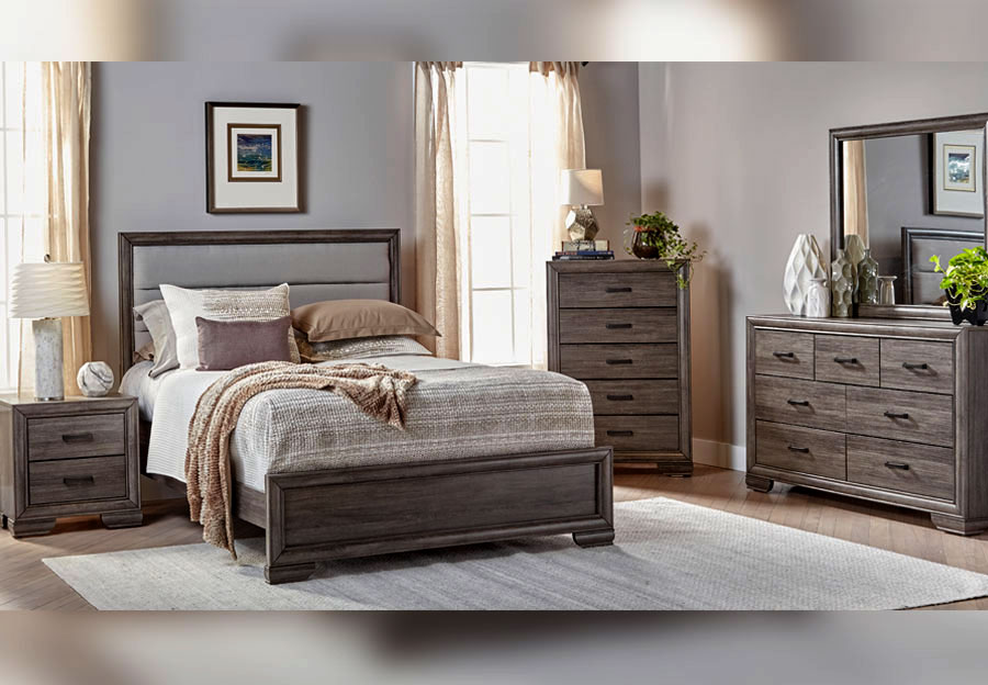 Lifestyle Shelton Grey Full Upholstered Bed, Dresser and Mirror