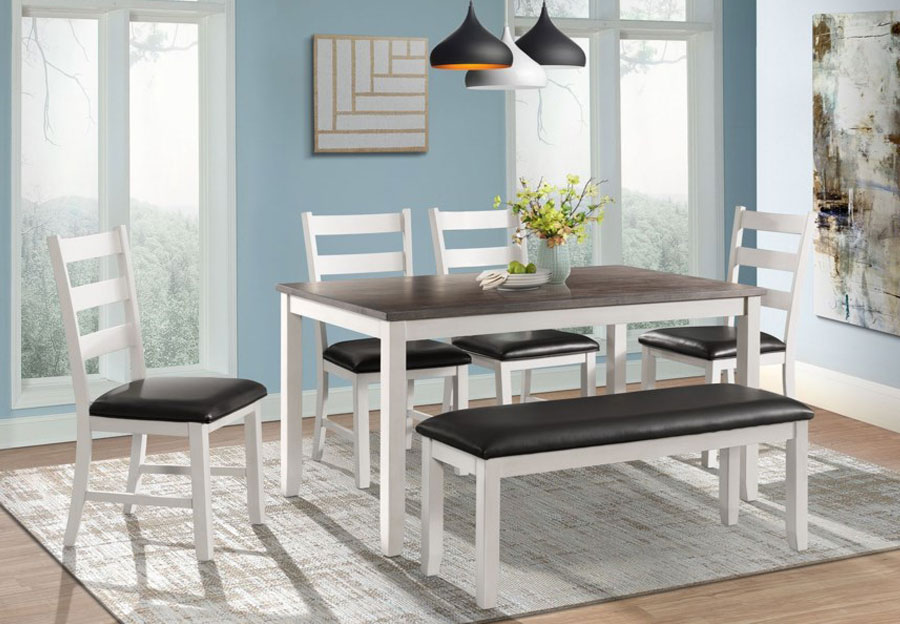 Elements Martin Two-Tone White 60-Inch Dining Table with Four Side Chairs and Bench