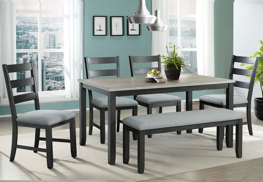 Elements Martin Two-Tone Black 60-Inch Dining Table with Four Side Chairs and Bench