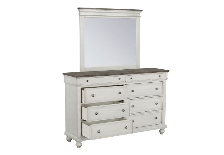 Standard Grand Bay Queen Upholstered Bed, Dresser and Mirror