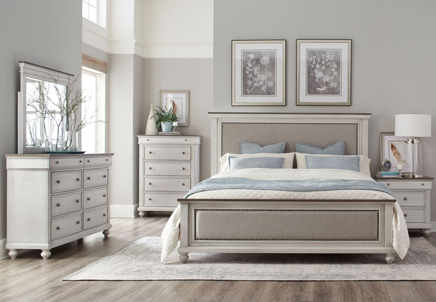 Standard Grand Bay King Upholstered Bed, Dresser and Mirror