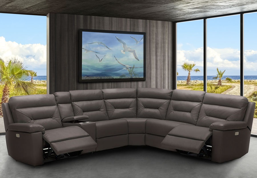 Kuka Grand Point Charcoal Three Seat Dual Power Reclining Leather Match Sectional