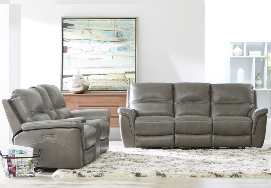 Cheers Santelli Smoke Triple Power Leather Match Reclining Sofa and Reclining Console Loveseat