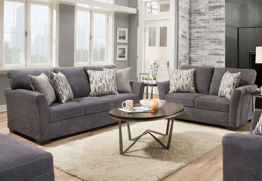 Lane Pacific Steel Blue Queen Sleeper Sofa and Loveseat with Highway Driftwood and Cruze Driftwood Pillows