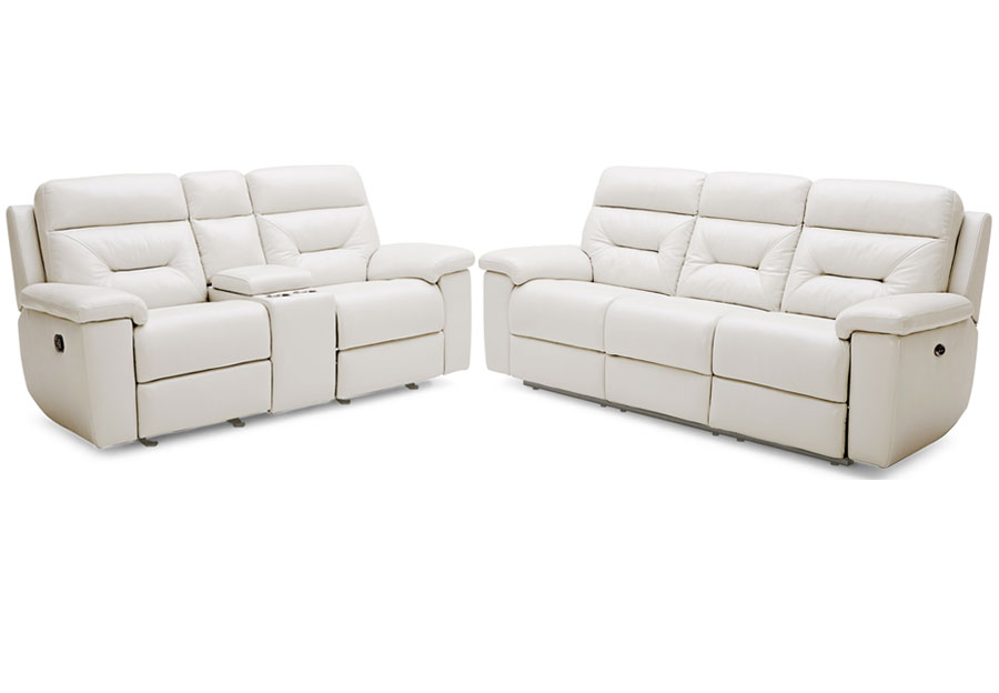 Kuka Grand Point Ivory Manual Leather Match Reclining Sofa and Reclining Console Loveseat