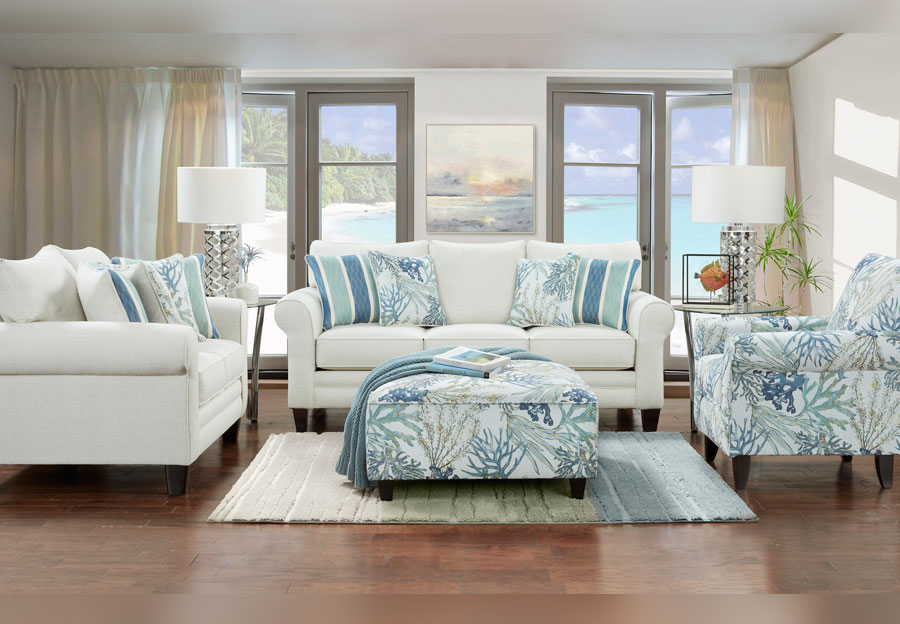 Fusion Grande Glacier Sofa and Loveseat with Coral Reef Oceanside and Life's-A-Beach Accent Pillows