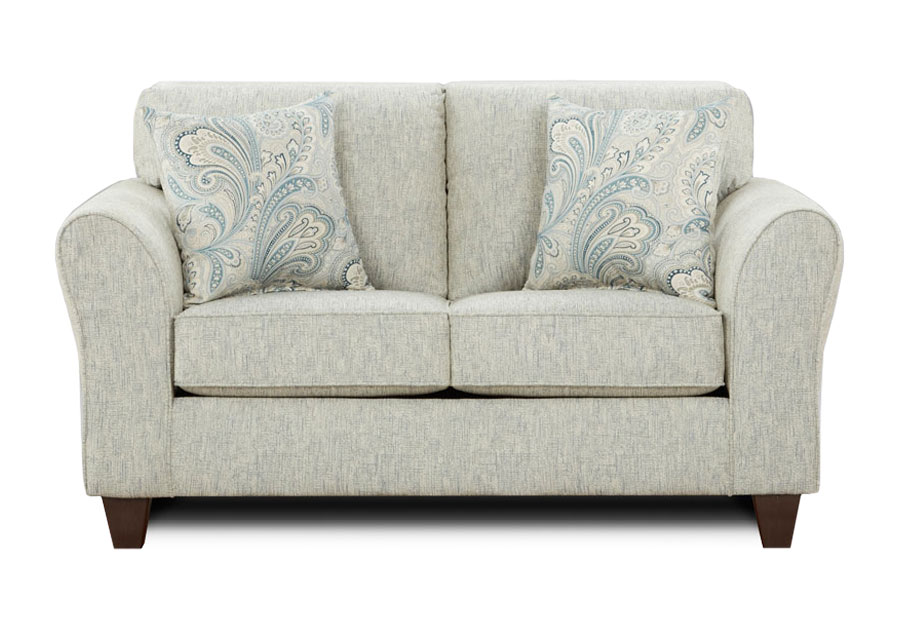 Affordable Furniture Light Doe Loveseat with Barilla Denim and Lisa Denim Accent Pillows
