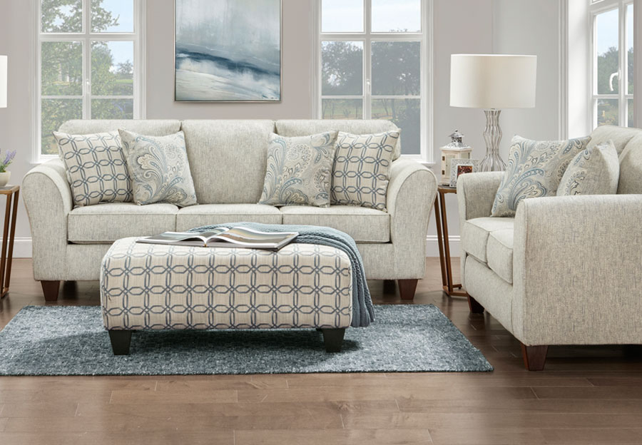 Affordable Furniture Light Doe Sofa and Loveseat with Barilla Denim and Lisa Denim Accent Pillows