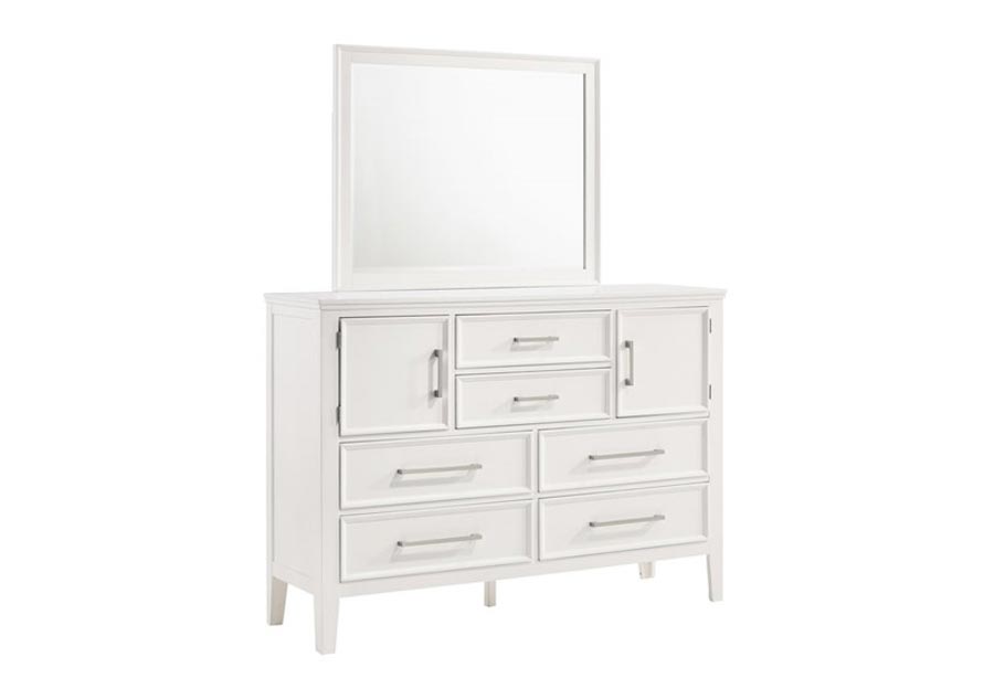 New Classic Andover White Queen Bed, Dresser and Mirror
