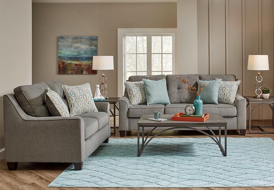 Lane Blair Surge Smoke Sofa and Loveseat with Soma Turquoise and Harbor Island Turquoise Accent Pillows