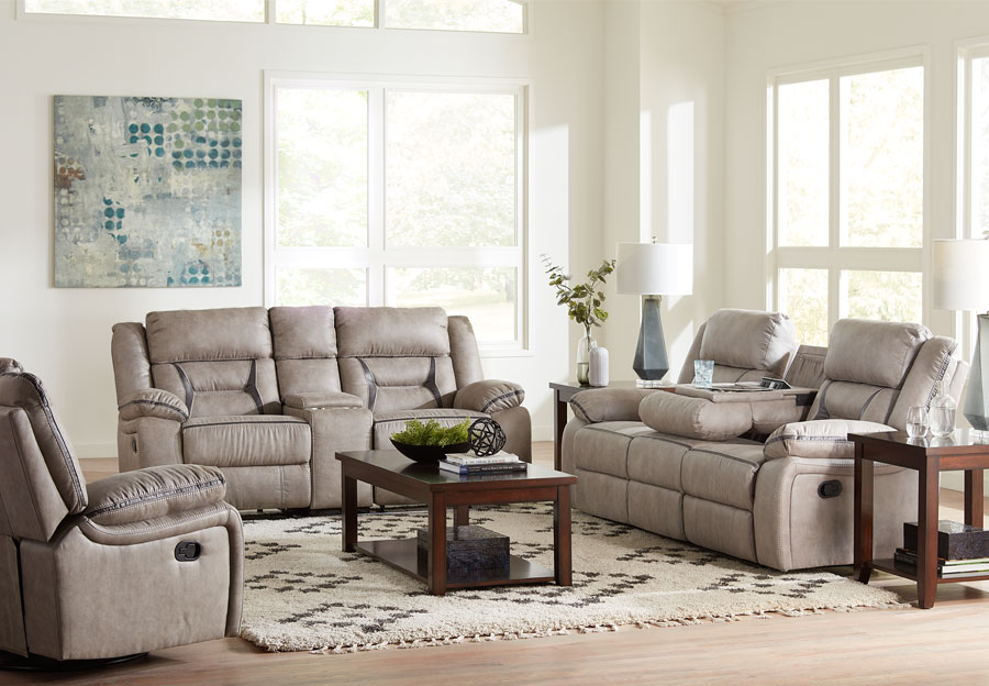 Lane Engage Taupe Reclining Sofa with Dropdown Table and Glider Reclining Console Loveseat