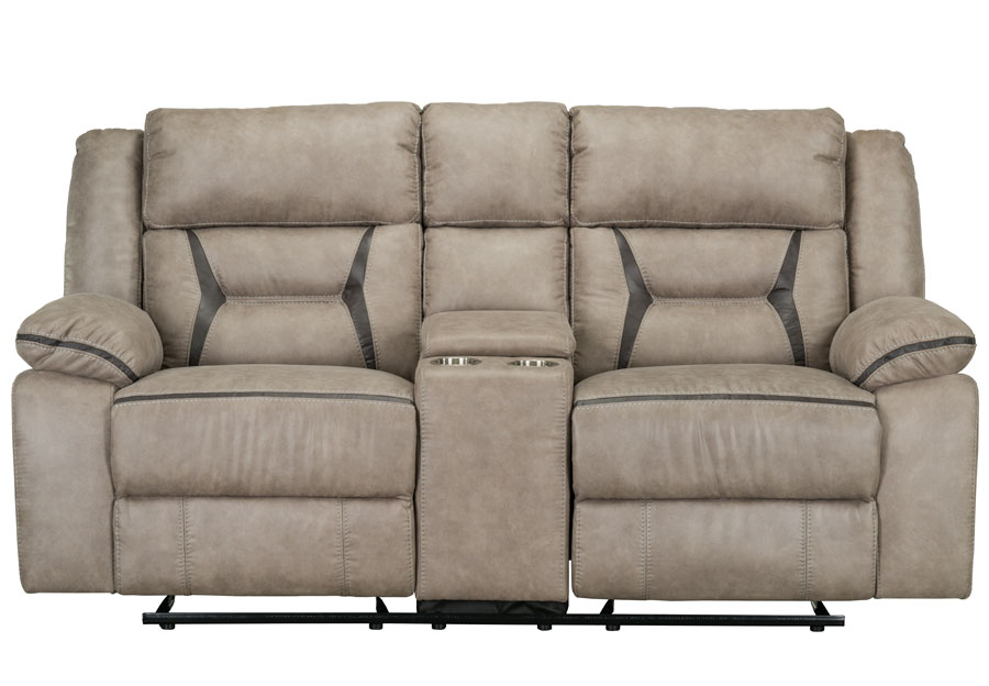 Lane Engage Taupe Dual Power Reclining Sofa with Dropdown Table and Dual Power Glider Reclining Console Loveseat