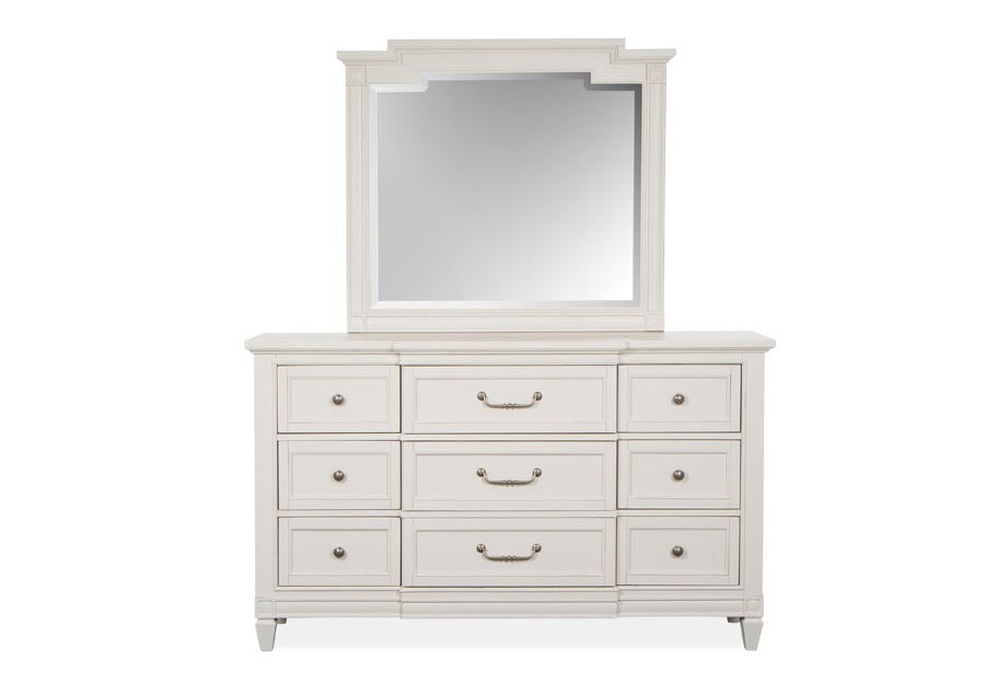 Magnussen Willowbrook White Queen Upholstered Bed, Dresser, and Mirror
