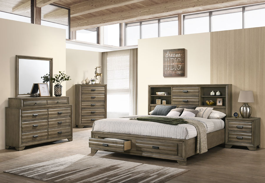 Lifestyle Belcourt Stone Grey Queen Bookcase and Storage Bed with Dresser and Mirror