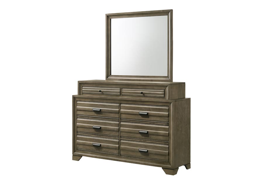 Lifestyle Belcourt Stone Grey Queen Bookcase and Storage Bed with Dresser, Mirror, Two Piers, and Two Nightstands