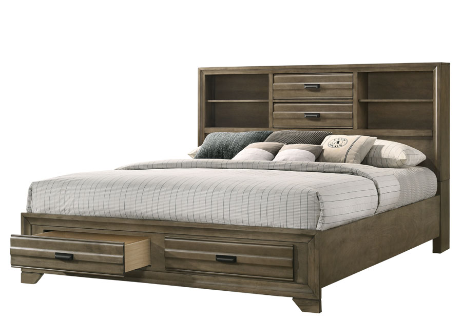 Lifestyle Belcourt Stone Grey King Bookcase and Storage Bed with Dresser, Mirror, Two Piers, and Two Nightstands