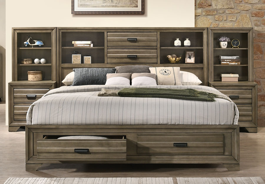 Lifestyle Belcourt Stone Grey Queen Bookcase and Storage Bed with Two Piers and Two Nightstands