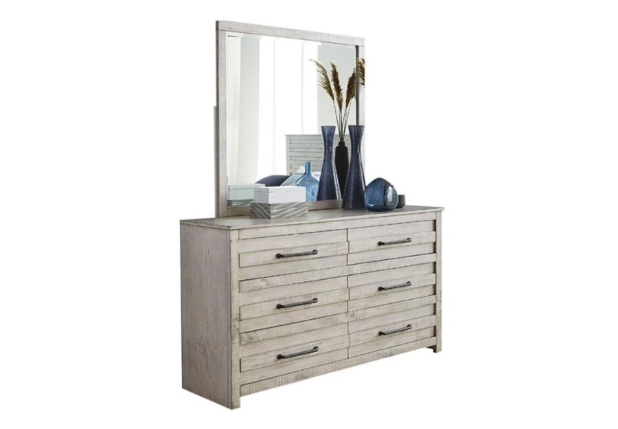 Hillsdale Villa Distressed White King Panel Bed, Dresser, and Mirror