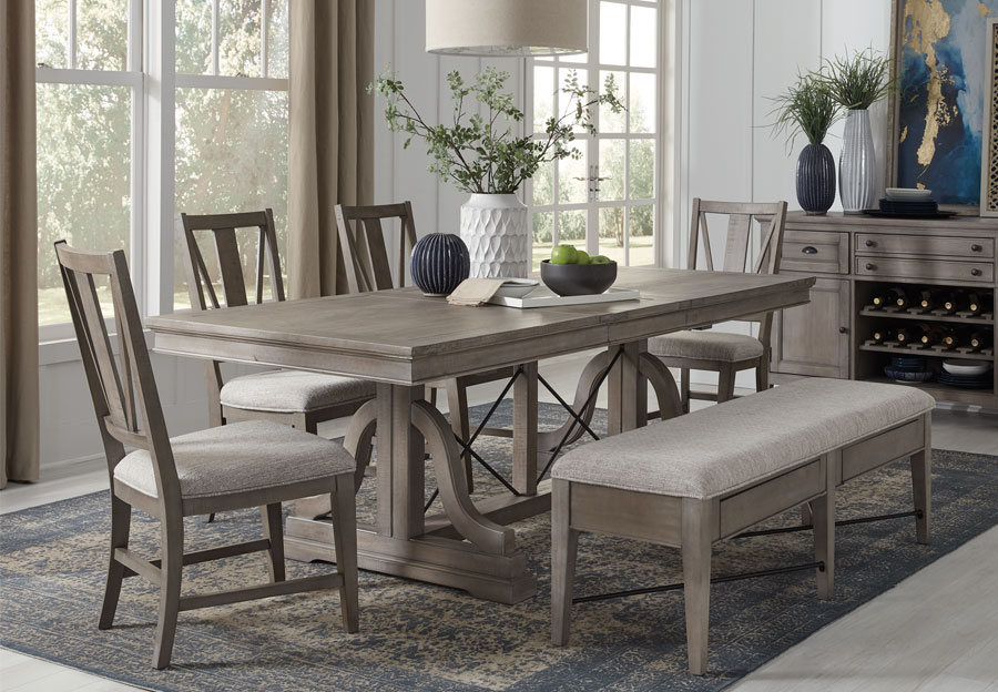 dining table with two chairs and bench