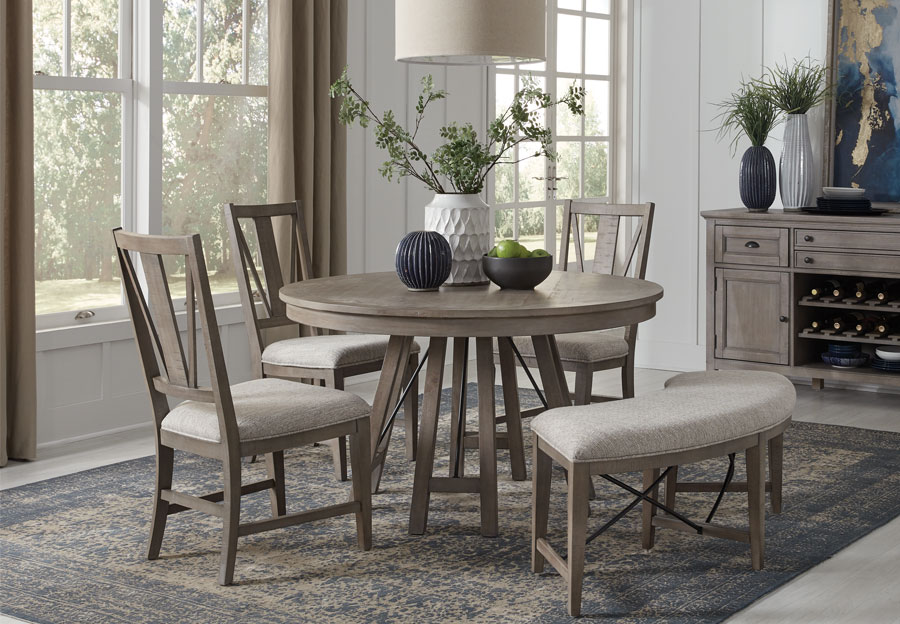 grey wood dining table with bench