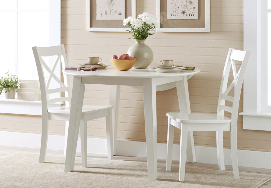 Jofran Simplicity White Round Drop Leaf Dining Table With Two X Back Side Chairs