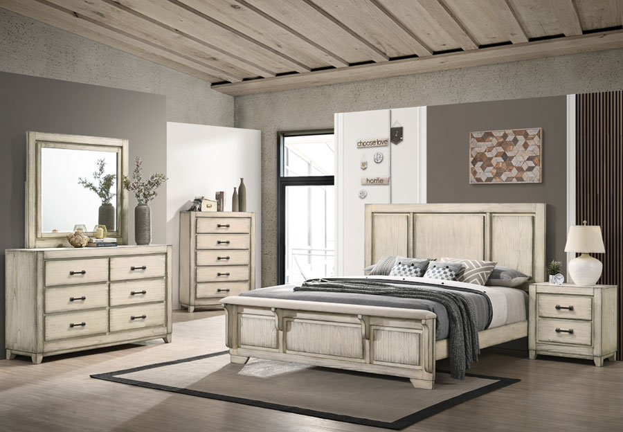 New Classic Ashland Rustic White King Bed, Dresser, and Mirror