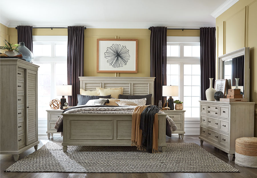 Magnussen Newport Alabaster King Shutter Bed, Dresser, and Mirror