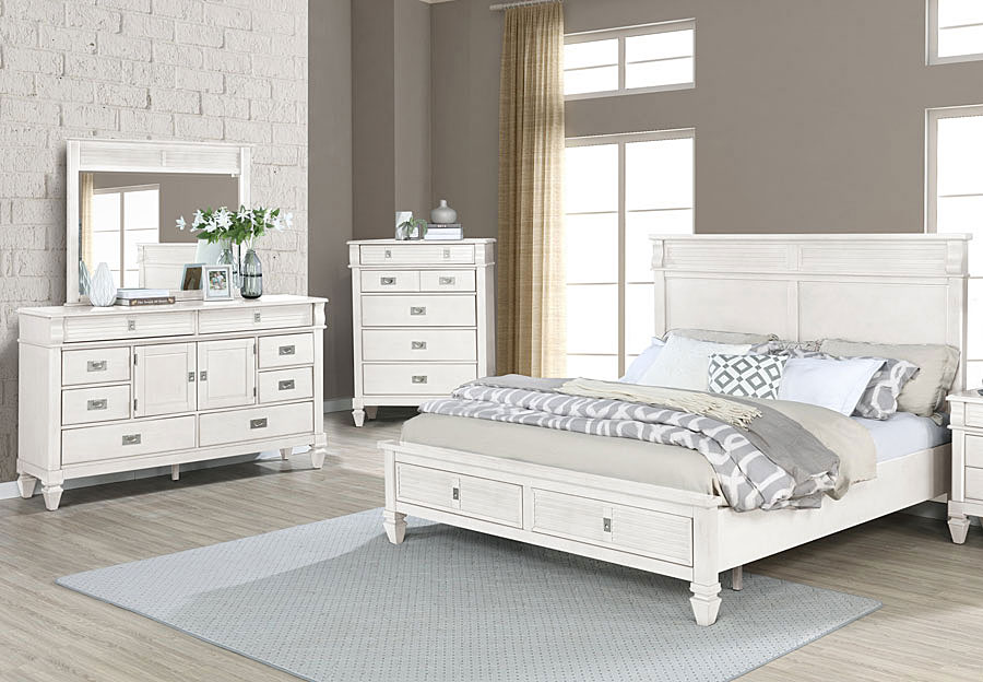 Lifestyle Compass White King Panel Storage Bed, Dresser, and Mirror