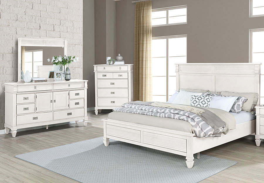 Lifestyle Compass White King Panel Bed, Dresser, and Mirror