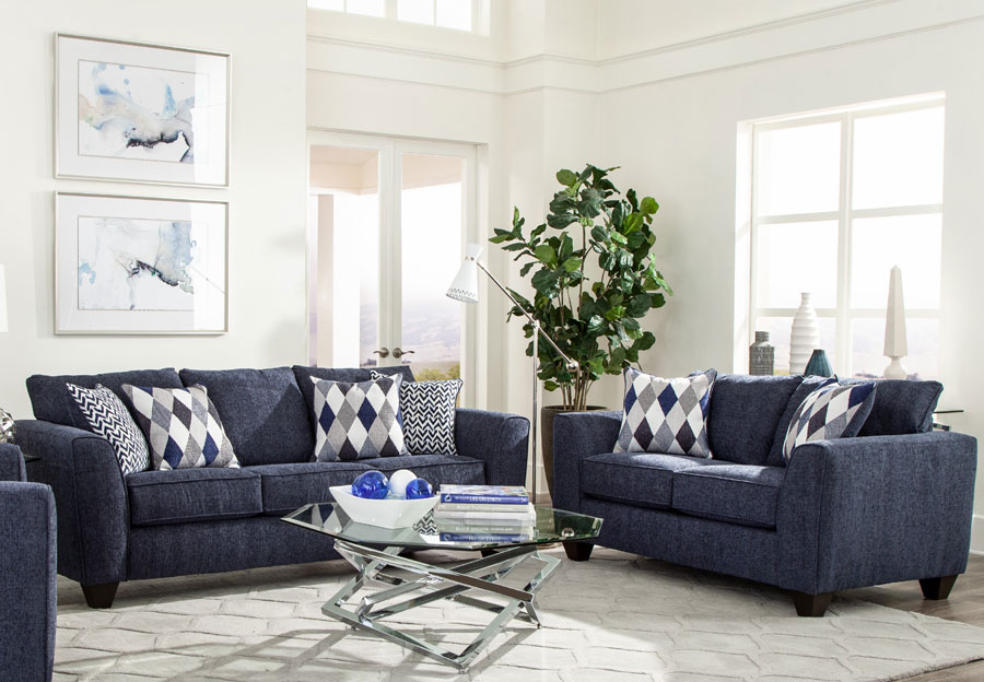 Albany Endurance Denim Sofa and Loveseat with Harlequin Blue and Arrowhead Denim Accent Pillows