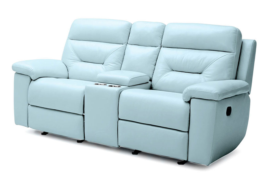 Kuka Grand Point Pastel Blue Leather Match Dual Power Reclining Console Loveseat