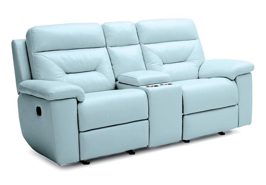 Kuka Grand Point Pastel Blue Power Leather Match Reclining Console Loveseat