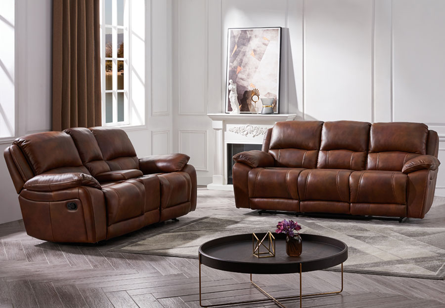 Cheers Princeton Chocolate Leather Match Dual Power Reclining Sofa and Reclining Console Loveseat