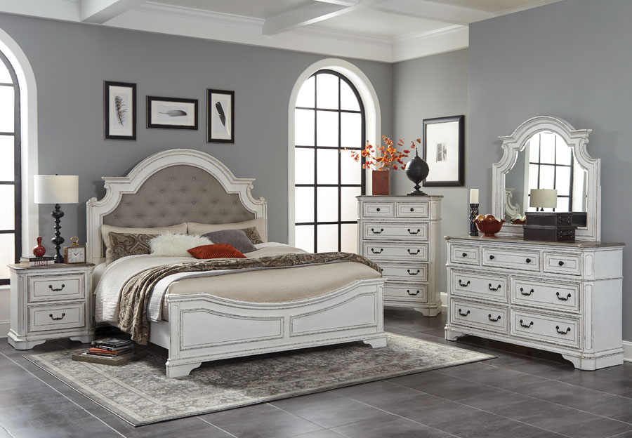 Lifestyle Stevenson Manor Antique White King Upholstered Bed, Dresser, and Mirror