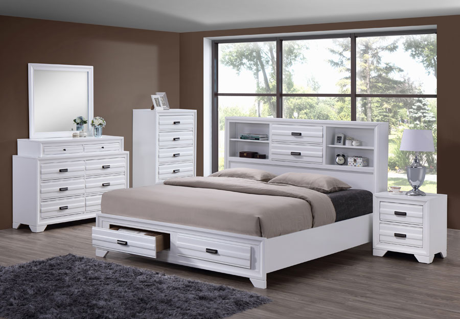 Lifestyle Belcourt White Queen Bookcase and Storage Bed with Dresser and Mirror