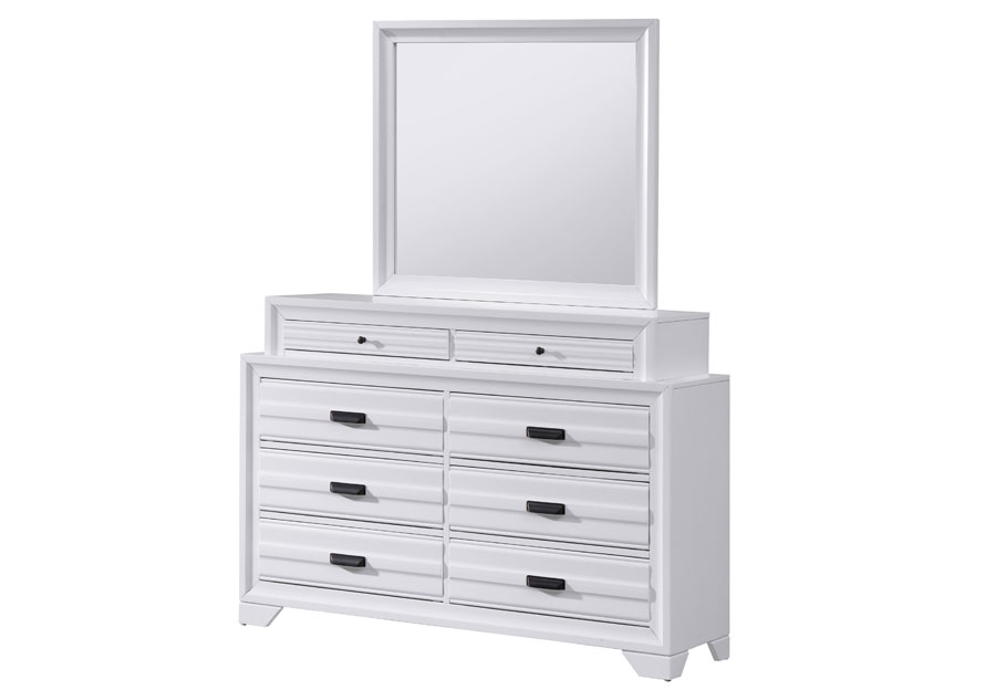 Lifestyle Belcourt White Queen Bookcase and Storage Bed with Dresser and Mirror