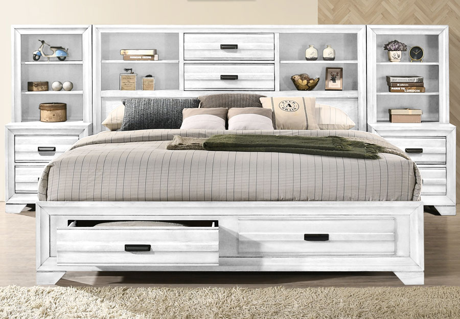 Lifestyle Belcourt White King Bookcase and Storage Bed with Two Piers and Two Nightstands