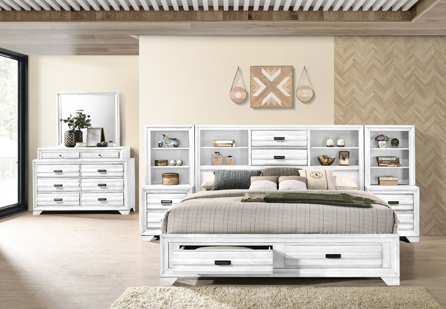 Lifestyle Belcourt White King Bookcase and Storage Bed with Dresser, Mirror, Two Piers and Two Nightstands
